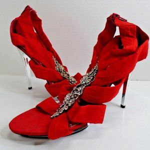 Marichi Maui Stiletto Heels RED Linen Straps Rhinestones Silver Back Zipper 9